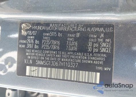 2007 Hyundai Santa Fe Gls from USA, damaged, VIN 5NMSG13D67H110327
